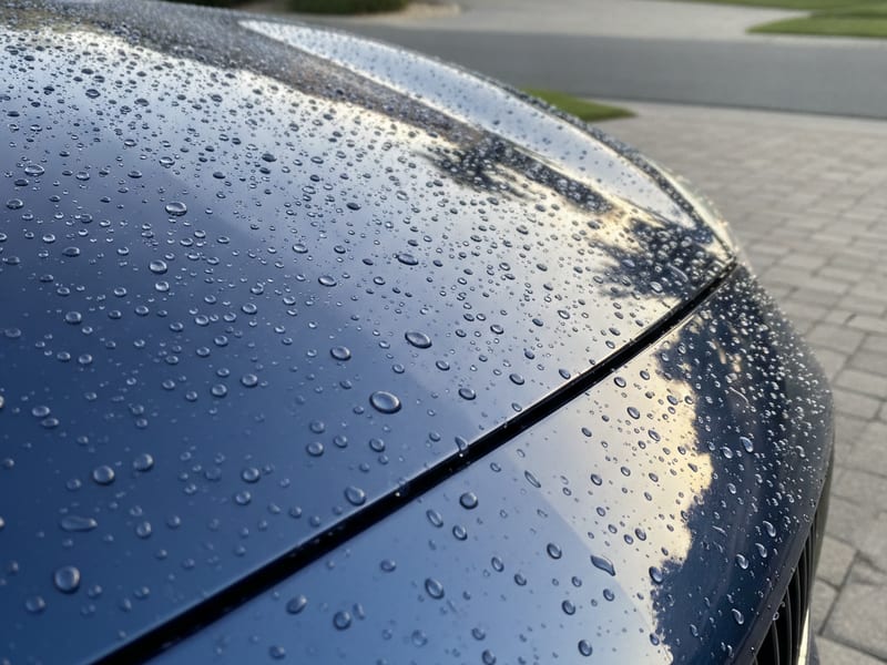 Detailer applying water spot remover to a ceramic-coated dark gray sedan in a San Diego garage