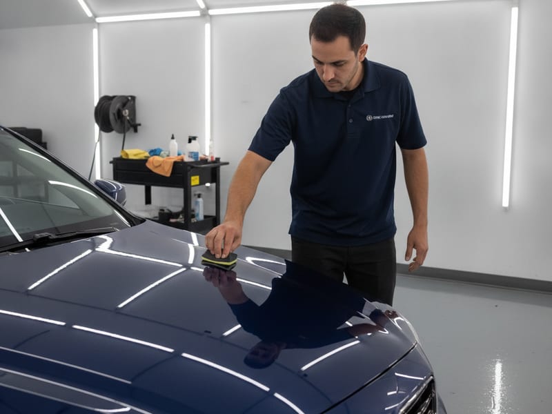 Installer applying professional ceramic coating to the hood of a dark vehicle under bright shop lighting in San Diego County
