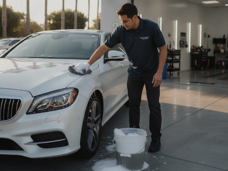 Installer performing ceramic coating maintenance wash and top-up service on a coated vehicle in San Diego County