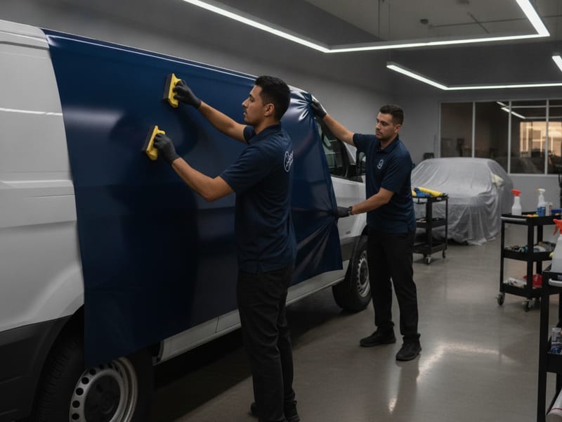 Technician in a navy polo applying a large printed vinyl panel to the side of a white work van in a San Diego commercial shop