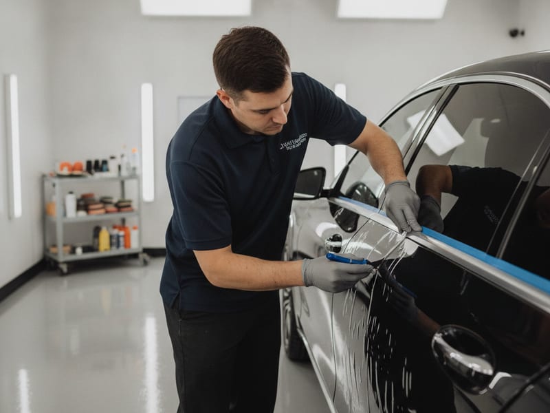 Full-body paint protection film installation in progress on a vehicle at a controlled-environment San Diego County automotive shop