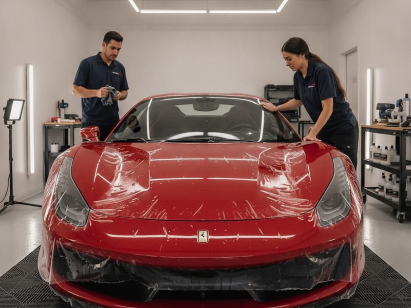 Front view of a vehicle with paint protection film applied to the hood, bumper, and fenders at a San Diego County automotive shop