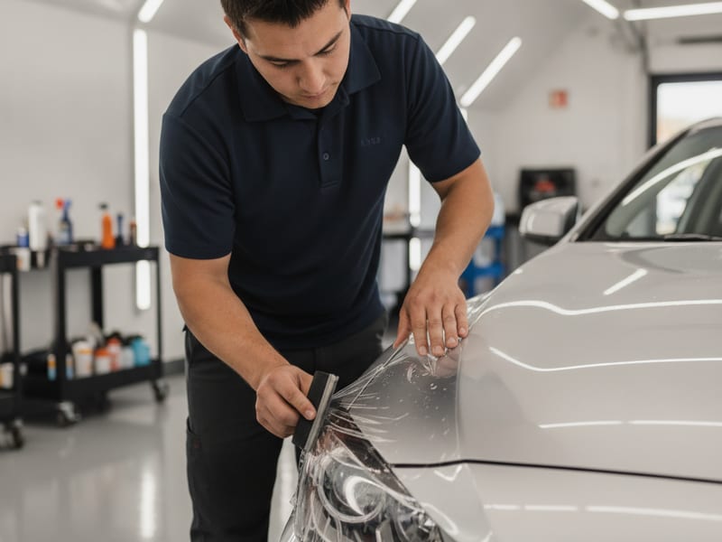 Clear protective film being applied to a vehicle headlight lens at a San Diego County automotive shop