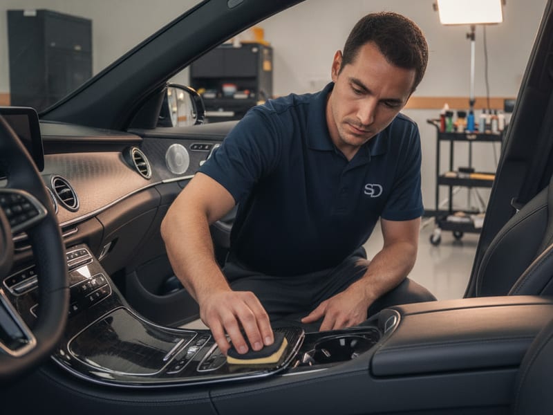 Installer applying ceramic coating to vehicle interior leather surfaces at a San Diego County automotive shop