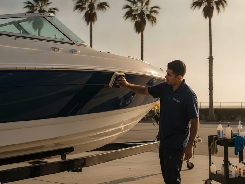 Ceramic coating application in progress on an RV fiberglass panel at a San Diego County automotive and marine shop