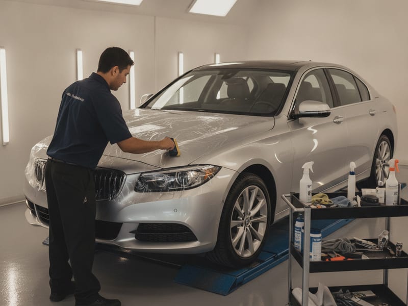 New vehicle receiving paint decontamination and ceramic coating at a San Diego County automotive shop before its first road use