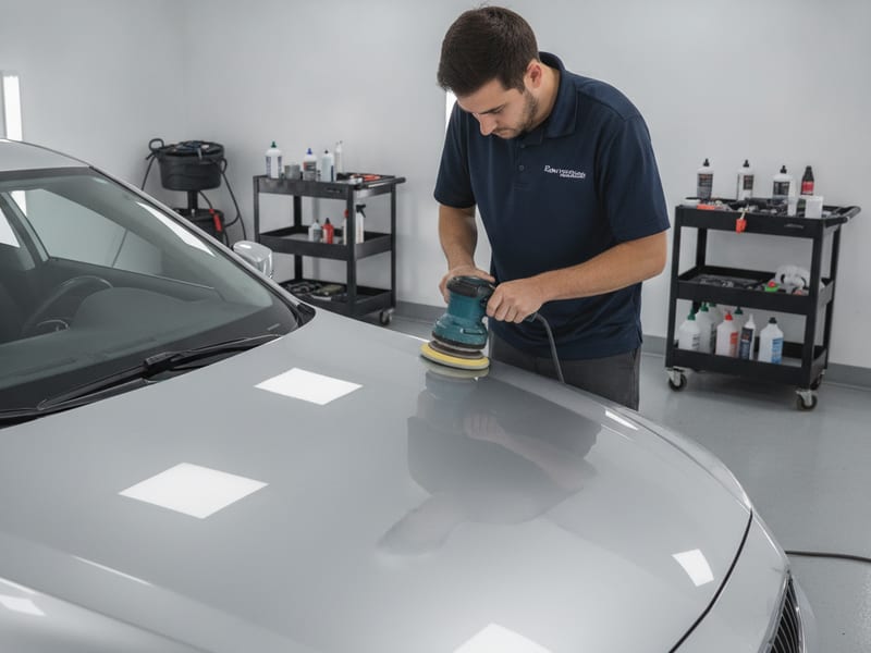 Installer performing multi-stage machine polishing on a vehicle panel under bright shop lighting in San Diego County