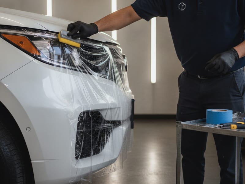 Installer applying clear paint protection film to the hood of a vehicle at a San Diego County automotive shop