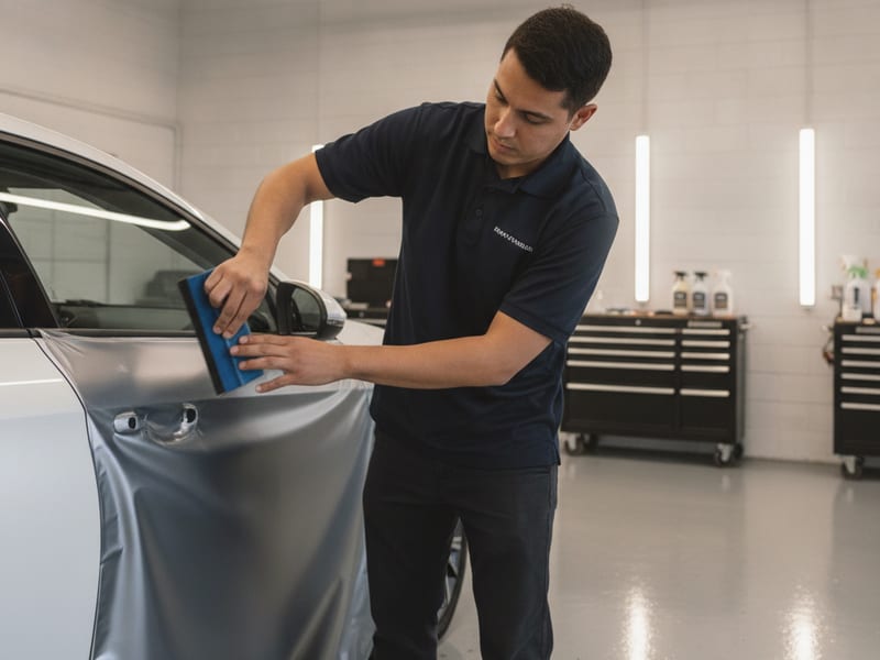 Installer applying a satin vinyl wrap film to a car door panel with a squeegee in a San Diego shop