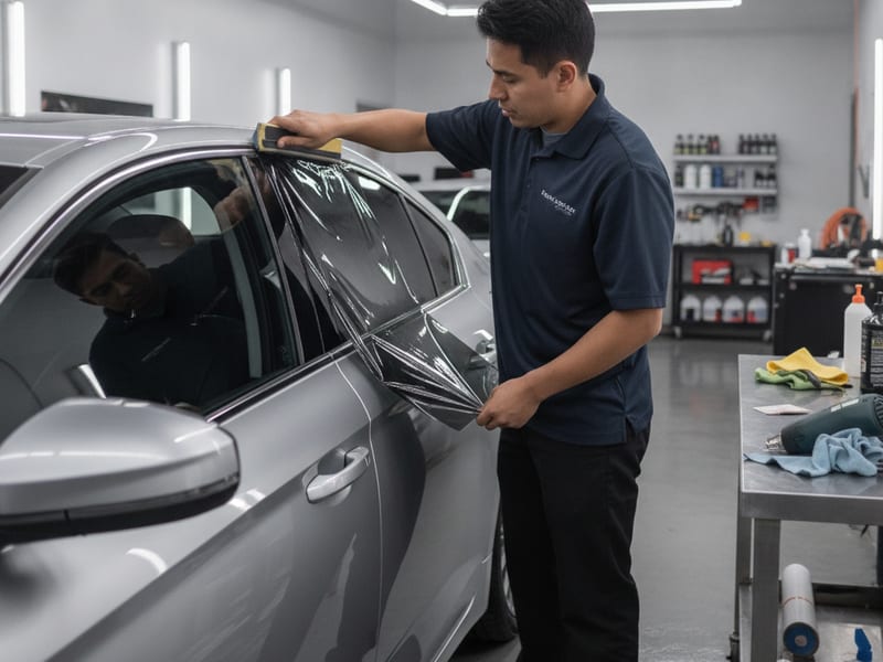 Installer applying ceramic window tint film to a vehicle door glass at a San Diego County automotive shop