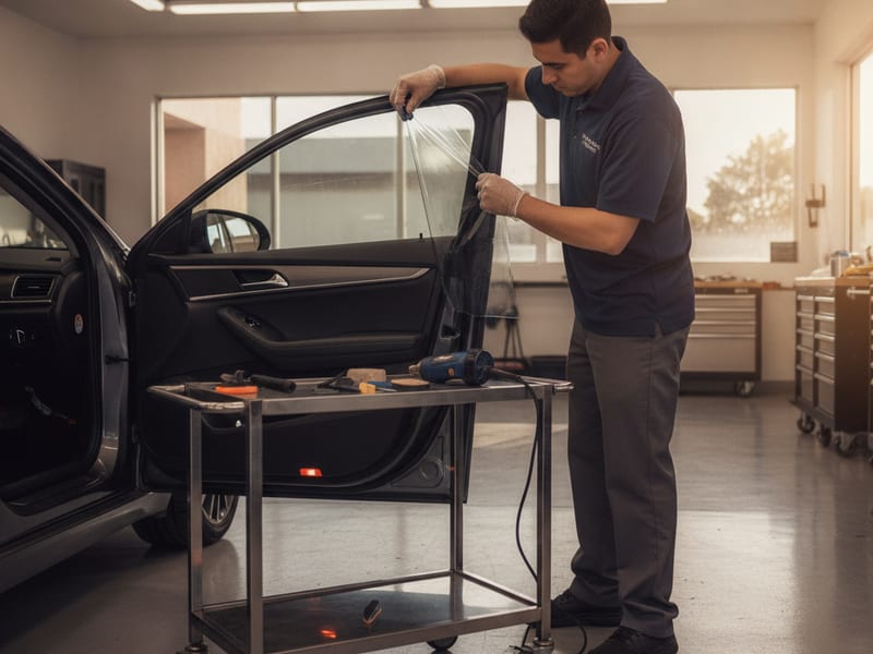 Automotive technician applying window tint film to a car door glass inside a San Diego shop